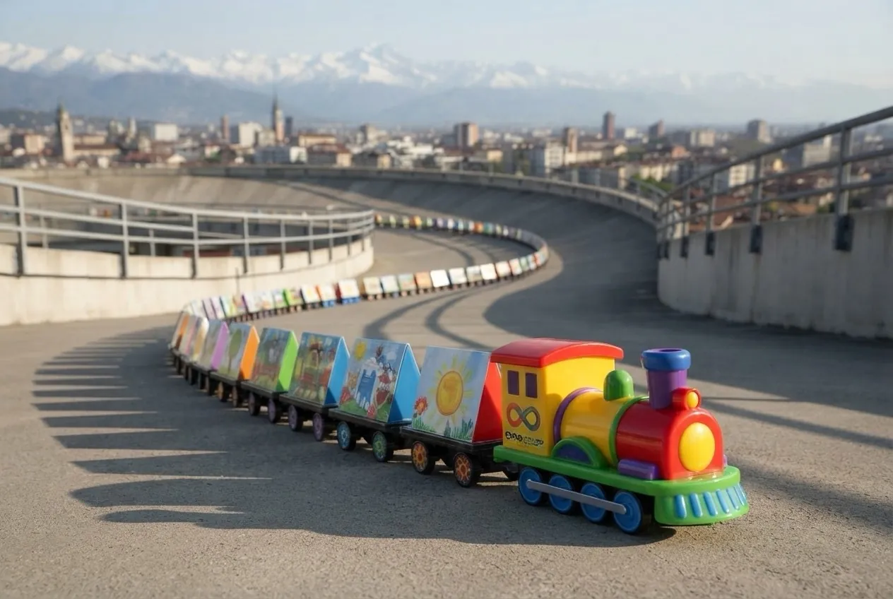 Il convoglio sulla pista storica sul tetto del Lingotto a Torino, con la città e le Alpi