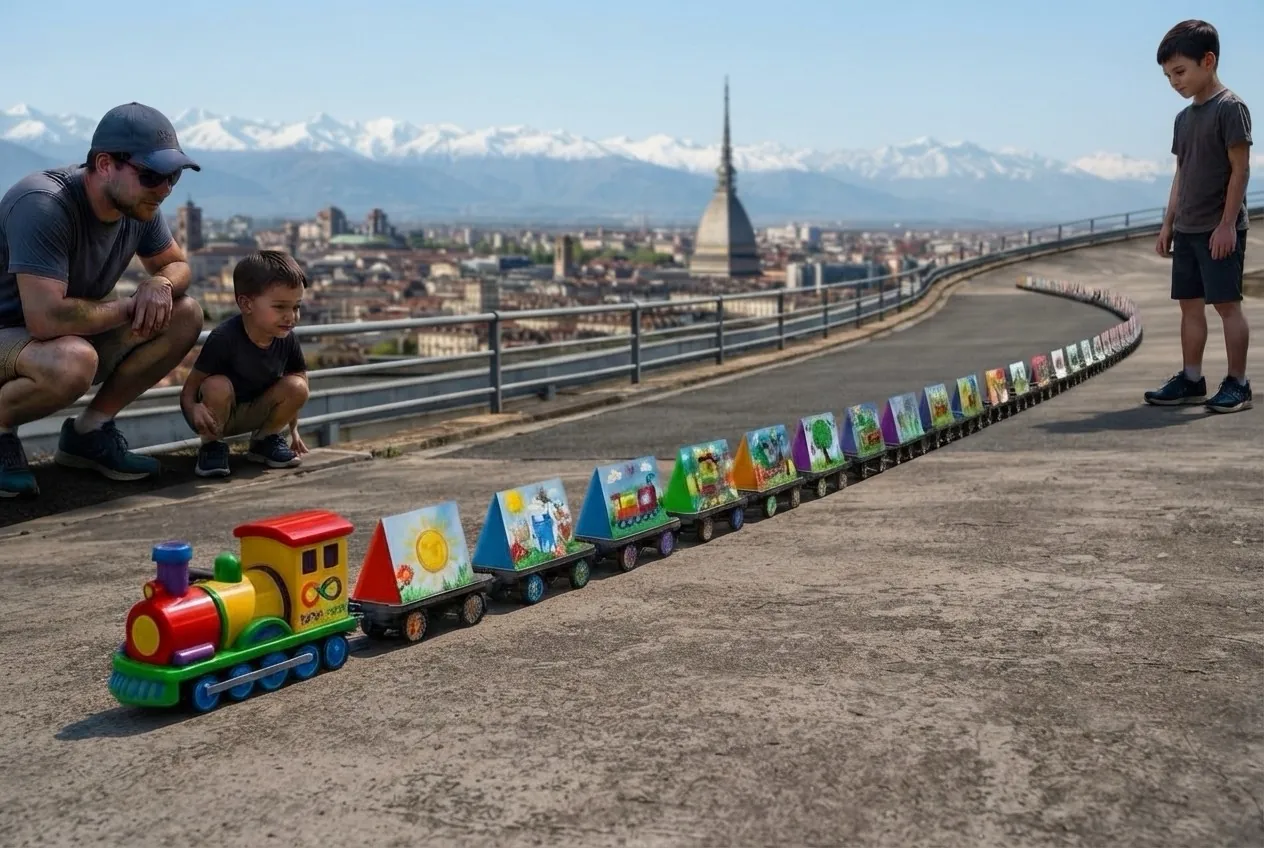 Il convoglio al Lingotto con la Mole Antonelliana e le Alpi sullo sfondo, una famiglia lo osserva