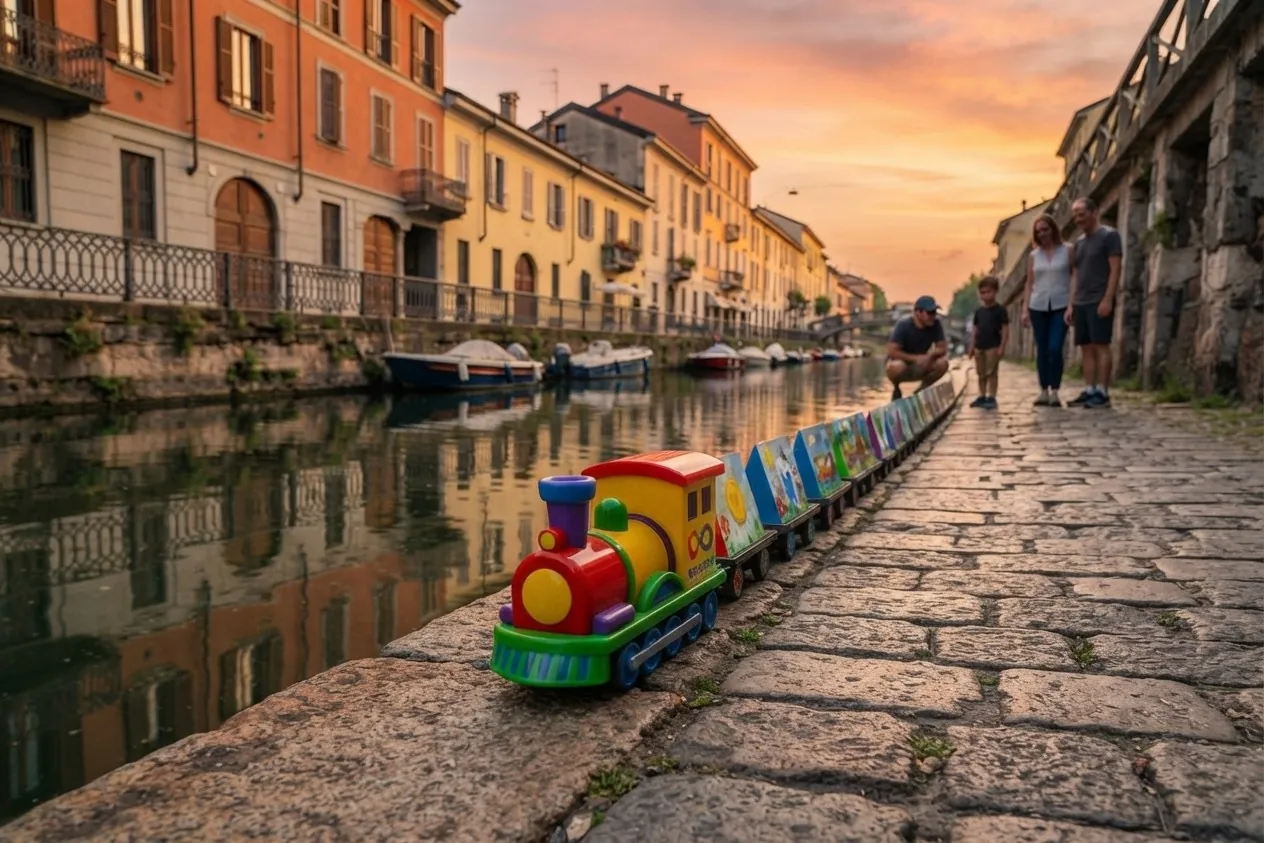Il convoglio lungo l'alzaia di un Naviglio di Milano al tramonto, con una famiglia che lo guarda