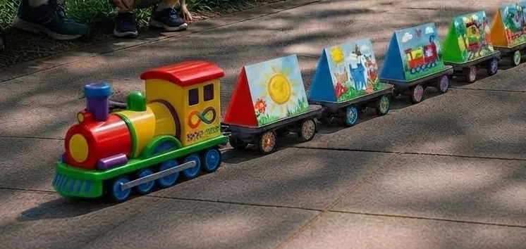 La galleria in movimento nel parco: locomotiva colorata e vagoni con i disegni